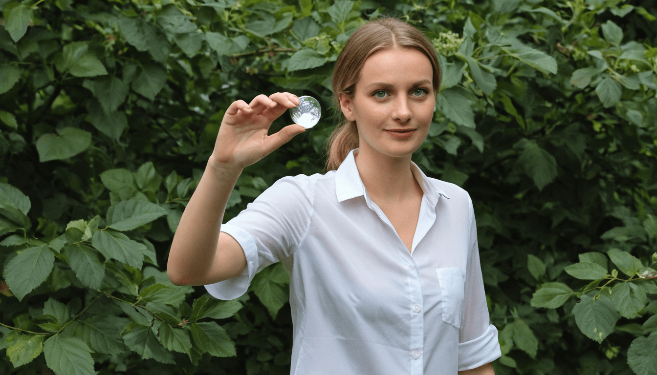 Frau mit einem nachhaltigen Wassertropfen in der Hand steht vor einem Busch