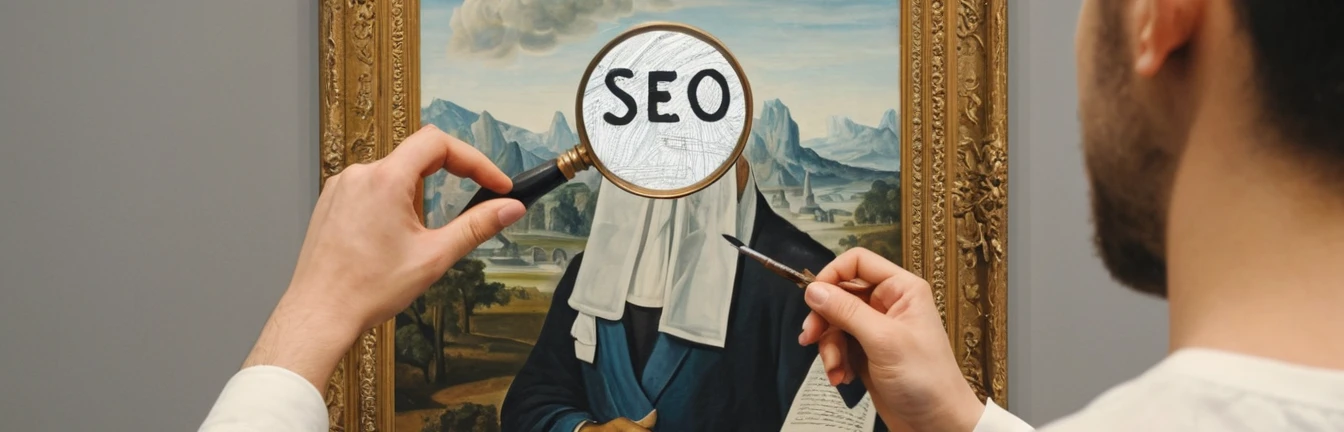 Maler betrachtet mit einer Lupe mit dem Wort SEO sein Bild.